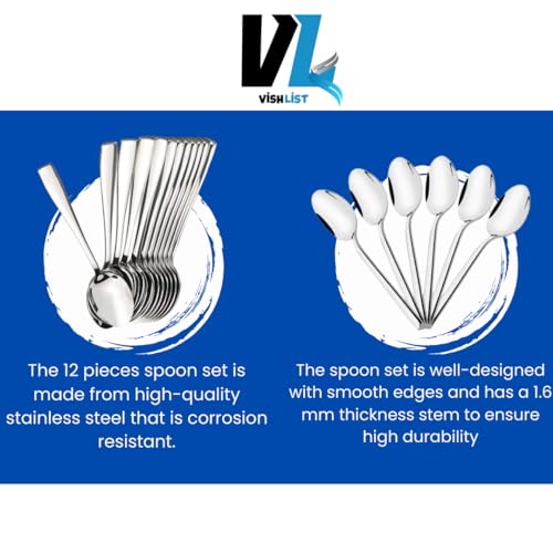 Image of 12 Piece Stainless Steel Tea Spoon Set for Tea, Coffee, Sugar & Spices, Small Spoons, Silver, Thickness: 1.8mm, Length: 14.5 cm