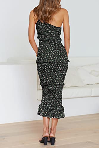 Image of PRETTYGARDEN Women's Summer Midi Bodycon Dresses One Shoulder Strappy Tiered Ruffle Floral Boho Sun Dress