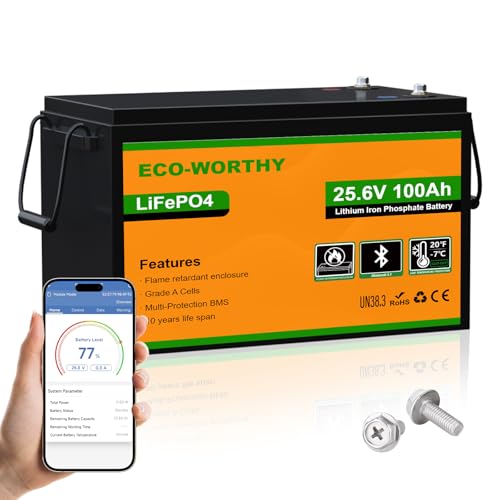 ECO-WORTHY 24V 100Ah LiFePO4 Lithium Battery, Upgraded Bluetooth Version, Deep Cycle Rechargeable Battery with Low-Temp Protection, 2560W Max for Off-Grid Solar, RV, Camper, Trolling Motor, Home Use