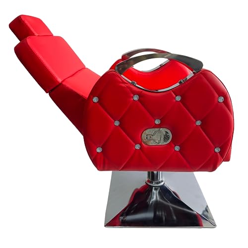 Image of Leather Beauty Parlor Cutting,Salon /Barber /Cutting /Makeup /Makeover Bride Bridegroom Chair, Cushioned Seat Back, with Hydraulic & Push Back System Chair (Steel Handle Red)