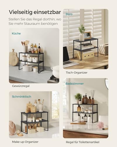 SONGMICS Gewürzregal, 4er Set, Küchenregal, Küchen-Organizer, erweiterbar, Gewürzhalter, stapelbar, mit Metallrahmen, 19,5 x 39,7 x 15,8 cm, tintenschwarz-ebenholzschwarz KCS028B01