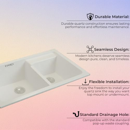 Image of EVANEX Quartz Kitchen Sink | 31x18x9 Inch Double Bowl Sink for Kitchen | Granite Topmount /Undermount Kitchen Sinks | Rosa Double Sink with Connector, Waste Pipe, Coupling and Drain Basket