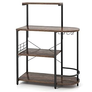 GiantexUK 4-Tier Kitchen Baker’s Rack, Industrial Microwave Stand with 6 Removable Hooks & Glass Holders, Metal Frame Utility Storage Shelves for Living Room, Dining Room, Rustic Brown