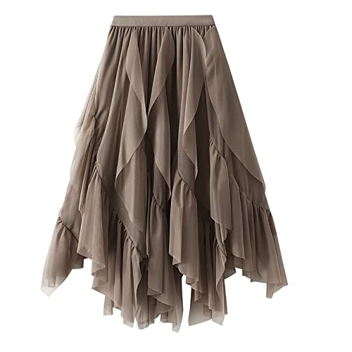 Women's Tulle Skirt Formal Fashion Elegant Swing A-Line Fairy Elastic High Waist Flowy Ruffle Irregular Midi Skirts