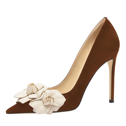 miss left Women Charming Flowers Pointed Toe Suede Pumps Stiletto High Heel Slip on Prom Party Wedding Dressy Shoes Size 4-16 US