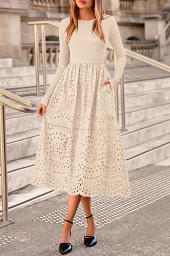 dowerme Women Fall Dresses 2025 Casual Long Sleeve Crewneck A-Line Boho Eyelet Cotton Maxi Wedding Guest Dress Pockets2