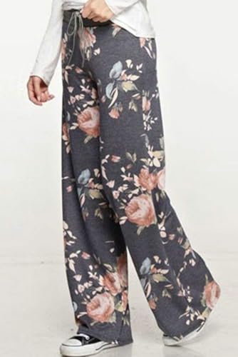 Image of Elsofer Women's Comfy Lounge Pants Soft Floral Pajama Pants Loose Drawstring Wide Leg Palazzo Pants for Sleep, Casual Wear