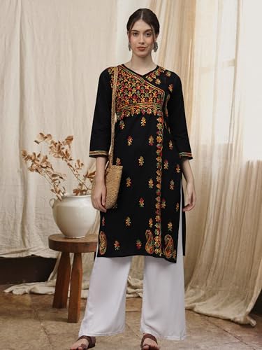 Image of Seva Chikan Hand Embroidered Lucknowi Chikankari Black Cotton Angarkha Style Kurta for Women SCL4626