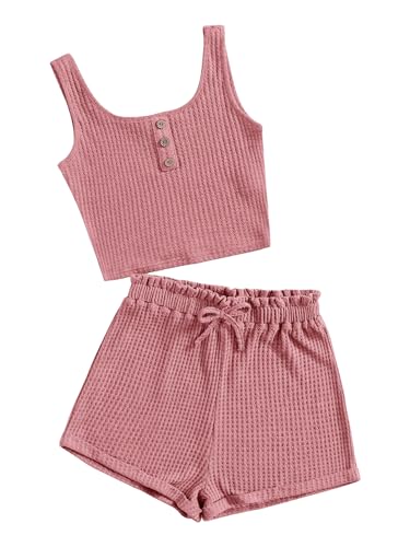 Image of RoseSeek Girl's 2 Piece Outfits Waffle Knit Scoop Neck Button Down Crop Tank Tops Paperbag Waist Track Shorts