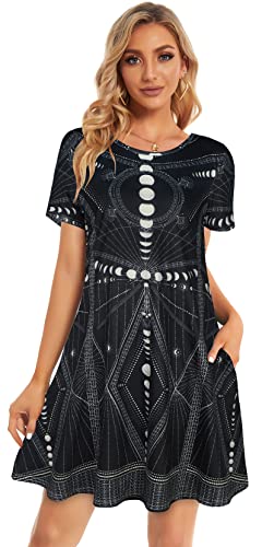 Elescat Women Summer Dress Tshirt Beach Sundress Casual Plus Size Flowy Swing Short Sleeve Loose Tunic(Black Sky,2Xl) #TOP1