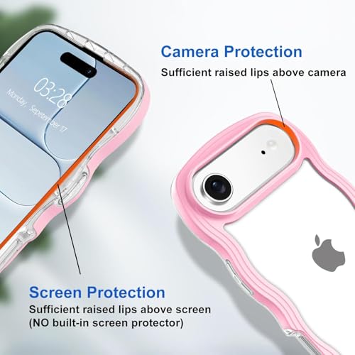 Image of GoldKart iPhone 17 Air Case Wavy Edge Clear Back Design, Anti-Slip Grip Cute Wave Curly Frame Shape Shockproof Soft TPU & Hard PC Bumper Protective Phone Case Cover for Women Girls - Pink