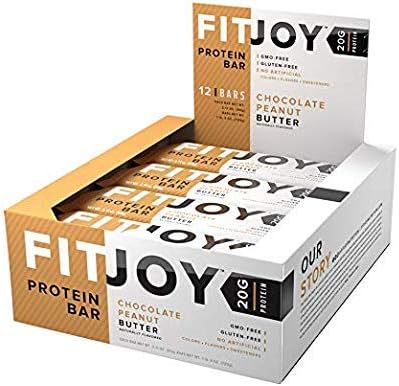 FitJoy Protein Bar, Gluten Free, Grain Free, Low Sugar, High Protein Snack, Chocolate Peanut Butter, Pack of 12 Bars (Packaging May Vary)