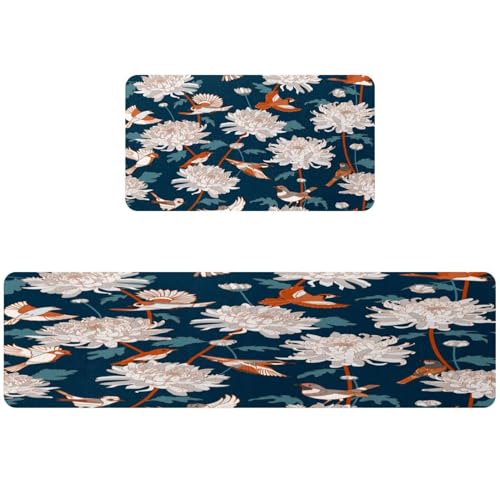 Alfombrillas de cocina VAPOKF con pájaros y crisantemos lavables pack de 2 2