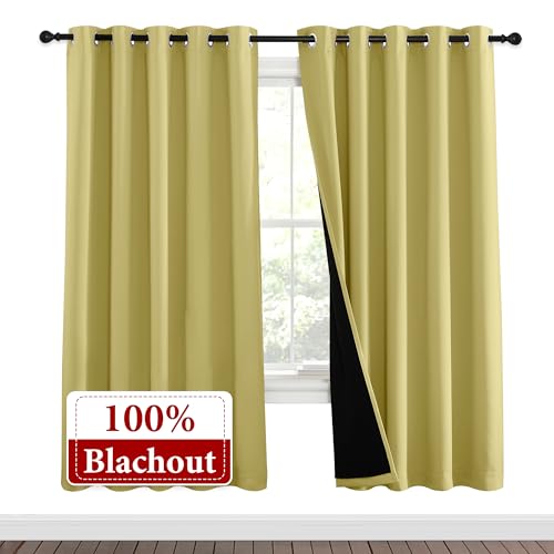 Image of NICETOWN Paler Yellow Full Shade Curtain Panels, Pair of Energy Smart & Noise Blocking Out Blackout Drapes for Dining Room Window, Thermal Insulated Guest Room Lined Window Dressing(62 x 72 inch)