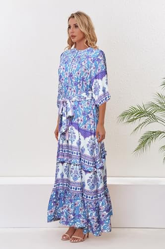 Image of Women Boho High-Waist Floral Print Maxi Dress 3 /4 Sleeve Casual | Soft Rayon, Breathable, Quick-Dry. High-Waist with Adjustable Belt, Flattering Hem. Ideal for Beach, Work & Dating.
