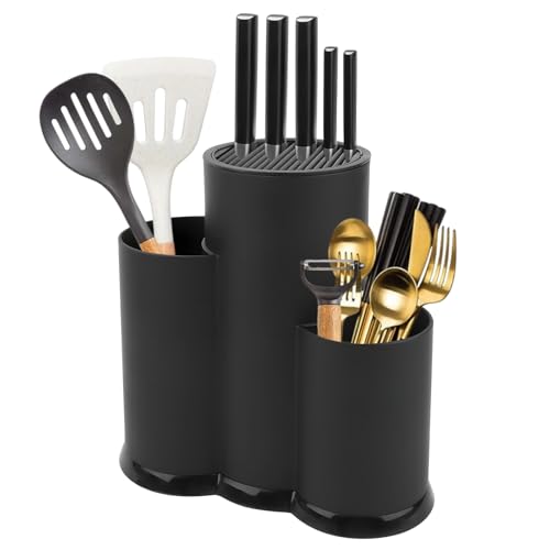 Ksvaye 3-in-1 Knife Block, Black Plastic Knife Holder with Slots, Universal Unequipped Knife Stand, Round Kitchen Utensil Storage, Cutlery Holder for All Kitchen Knives and Tools
