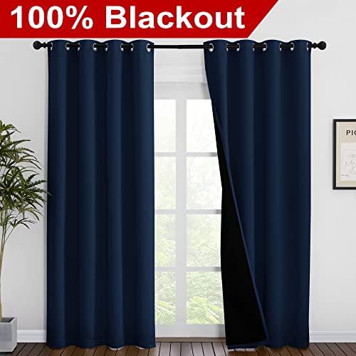 Image of NICETOWN 100% Blackout Curtain Set, Thermal Insulated & Energy Efficiency Window Draperies for Guest Room, Full Shading Panels for Shift Worker and Light Sleepers, Navy Blue, 55W x 86L, 2 PCs