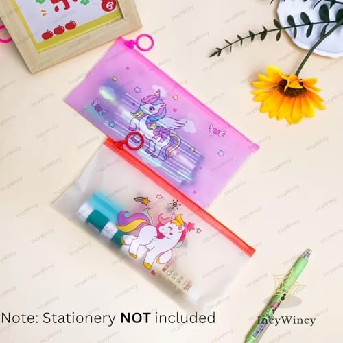 Image of Cartoon Pencil Pouch for Kids (Pack of 12) - Translucent Zipper Stationery Case 24cm X 11.5cm, Waterproof PVC Bag - Birthday Return Gift for Boys and Girls (Assorted)