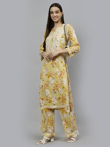 Image of Seva Chikan Hand Embroidered Lucknowi Chikankari Mal Mal Straight Printed Kurta & Palazzo Set for Women SCL8041