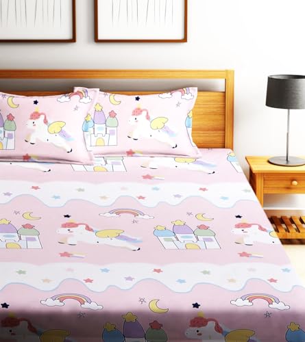 Image of Home Sizzler Microfibre Kid's Unicorn Double Bedsheet with 2 Pillow Covers (144TC, Baby Pink, 1 Bedsheet + 2 Pillow Covers)