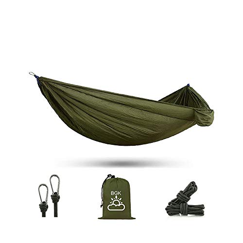 BGK Camping Hammock – Lightweight Portable Nylon Parachute for Outdoors – Indoors, Easy to Pack for Travel – Strong Hammock – Perfect for Hammock Camping – 2 Pcs Ropes and 2 Pcs Carabiners (Khaki)