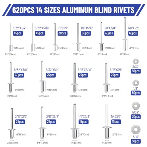 Juieyir MD-620 620Pcs Pop Rivets Assortment Kit, 14 Sizes Aluminum Blind Rivets (3/32 Inch 1/8 Inch 5/32 Inch 3/16 Inch 1/4") With 304 Stainless Steel Pop Rivet Washer thumb #3