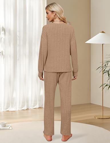 Image of Blooming Jelly Women Ribbed Long Sleeve Pajama Sets Fall Loungewear Pockets | 2 Piece Lounge Pj Matching Set Cute Casual Outfit Fleece Drawstring Crew Neck Wide Leg Flannel Soft Sleepwear