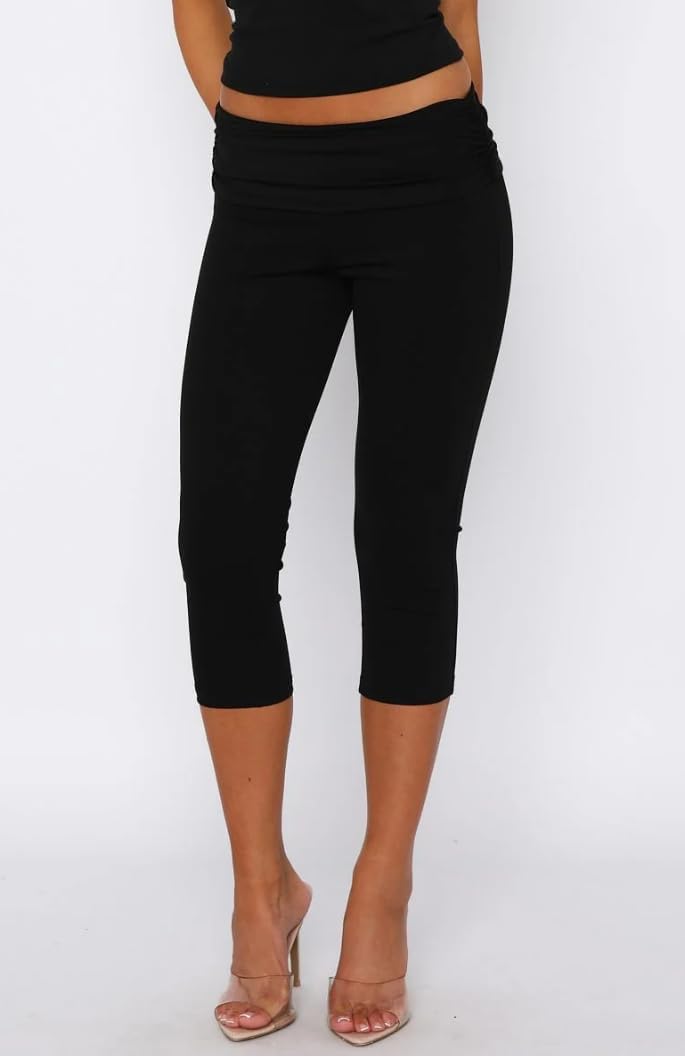 DSORVICD Capri Pants for Women Fold Over Elastic Waist Yoga Leggings Y2k Slim Fit Going Out Cropped Pant - Image 3
