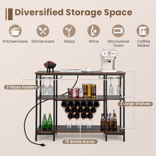 Giantex-Wine-Rack-Freestanding-Floor-Bar-Cabinet-for-Liquor-Kitchen-Bakers-Rack-w-2-Wine-Glass-Holders-15-Bottle-Racks-Charging-Station-Coffee-Bar-Table-for-Home-Dining-Room-Rustic-Brown Giantex Wine Rack Freestanding Floor Bar Cabinet for Liquor Kitchen Bakers Rack w 2 Wine Glass Holders 15 Bottle Racks Charging Station Coffee Bar Table for Home Dining Room Rustic Brown