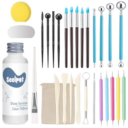 1DFAUL Clay Glaze with Air Dry Clay Tools Kit, 29PCS Clay Sculpting Tools, Polymer Clay Kit and Clay Varnish, Pottery Tool kit for Sculpting, Modeling, Shaping, High Gloss, Scratch Resistant (Gloss)