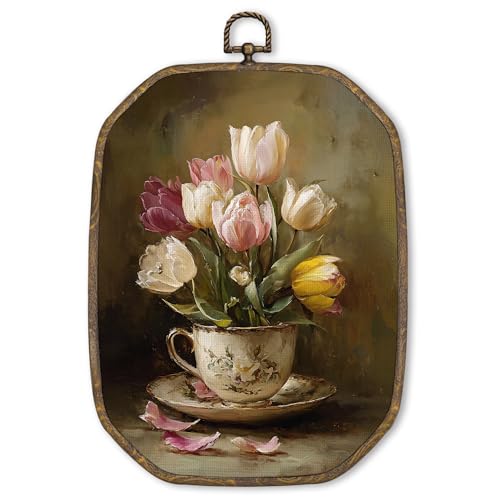 MORDMODUCK Vintage Spring Tulip Floral Octagon Wall Art Decor, Rustic Farmhouse Floral Canvas Prints Framed Artwork, Cottagecore Flower Teacup Wall Art for Home Bedroom Living Room Decor, 10.2x7 Inch