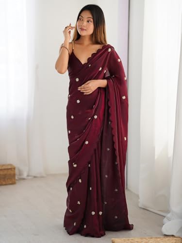 Image of AKHILAM Women's Satin Silk Sequence Embroidery Saree With Unstitched Blouse Piece