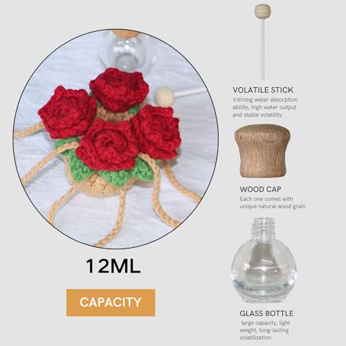 Image of ROFIGL Handmade Crochet Hanging Car Air Freshener - Romantic Red Rose Design, 12ml Refillable Thick Glass Bottle, Car Diffuser for Rearview Mirror, Home & Office Romantic Decor