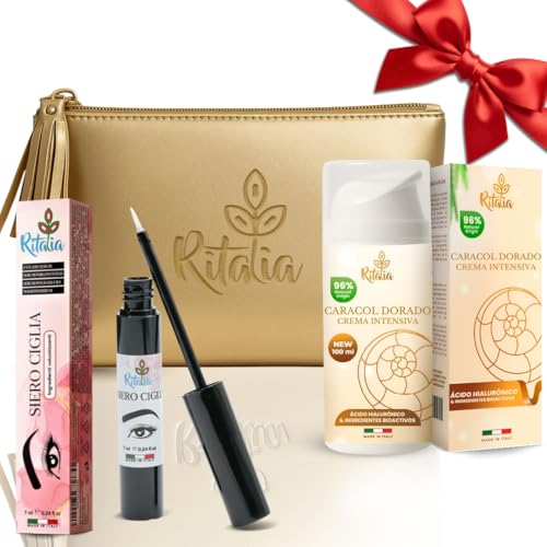 Ritalia® PACK BELLEZA: Crema Baba de Caracol 100 ml + Sérum para Pestañas y Cejas 7 ml + Neceser Dorado | Antiarrugas, Hidratación Profunda y Mirada con Más Volumen