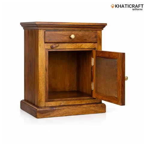 Image of Solid Sheesham Wood Niwar Bedside Table with Drawer and Door Storage for Bedroom Furniture | Wooden Nightstand Side Table for Living Room Home and Hotels | Honey Finish