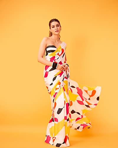 Image of Sidhidata Women's Digital Printed Georgette Saree With Unstitched Blouse Piece (Kriti Sanon White Free Size)
