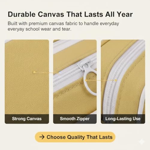 Image of Canvas School Bag Pencil Case, 3 Layer 6 Compartment Large Capacity, Aesthetic Pencil Pouch for Stationary, Cute Stationery for Kids, Pencil Case for Girls & Boys (Nice Day Yellow)