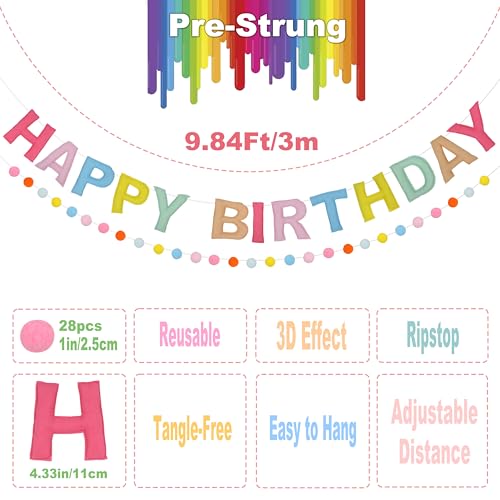 Image of 2-PCS Pre-Strung 3D Felt Happy Birthday Banner,Macaron Birthday Decorations | Reusable,Adjustable Distance,Soft,Max span 10ft,NO Assembly Required,Set up your birthday decorations in just one minute