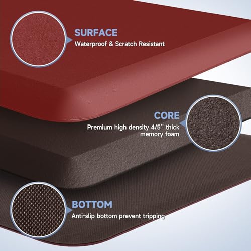 Image of 4 /5 Inch Thick Kitchen Mats for Floor, StepRite Kitchen Rug for Standing Desk, Non-Slip, Thicker, Stain & Water Resistant, Comfort Anti Fatigue Floor Mat for Home, Kitchen, Office - Red,108 * 30''