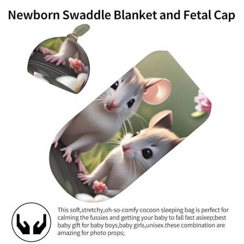 Mouse in Love Print Newborn Swaddle Blanket with Beanie Set, Soft Baby Sleep Sack Receiving Wraps, for Boy Girl2