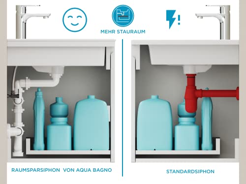 Aqua Bagno Raumsparsiphon Waschtisch - Möbelsiphon - Siphon platzsparend - Siphon flach - Bad - flexibel einstellbar - G 1 1/4 Zoll - DN32 – Doppelwaschbecken