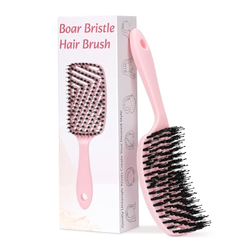 Euqvunn Cepillo Cerdas Jabalí de Doble Filamento, Peine Antitirones para Desenredar Sin Dolor, Aportar Brillo, Equilibrar Aceite Natural y Masajear el Cuero Cabelludo, Suave con Cabello Grueso/Largo