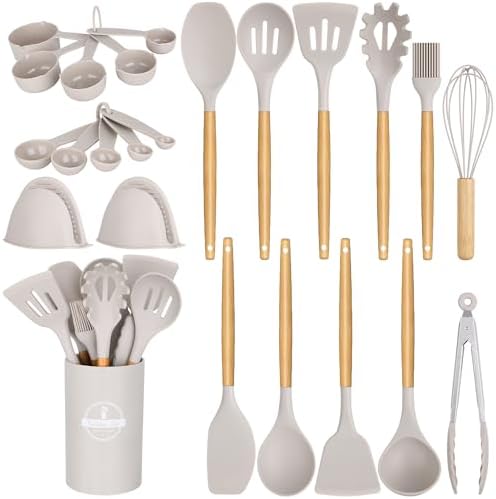 Silicone Kitchen Cooking Utensils Set, 24 Pcs Non-Stick Kitchen Utensil Spatula Set with Wooden Handles and Holder, BPA Free Gadgets for Cookware, Kitchen Accessories, Khaki