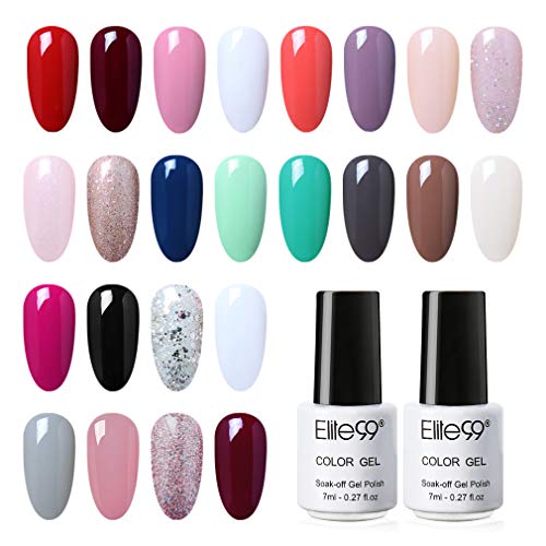 Elite99 Esmaltes Semipermanentes de Uñas en Gel UV LED, 24 Colores de Esmaltes de Uñas Soak off en Gel 7ML 001