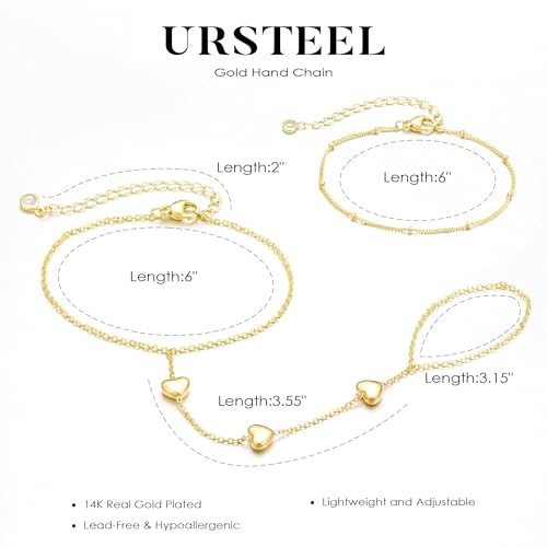 Ursteel Hand Chain Bracelet for Women, Dainty 14K-Gold-Plated Ring Bracelet Hand Chains for Women Non Tarnish Tiny Puffy Heart Finger Ring Bracelets Jewelry Gift for Womens — view 5