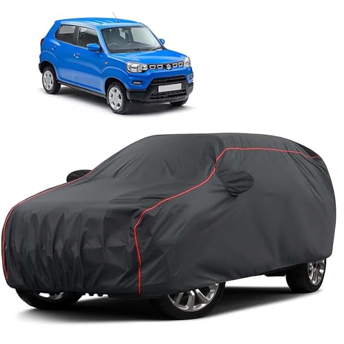 Image of Sulfar 100% Water Resistant Car Body Cover Compatible with Mirror for Maruti Suzuki S-presso (Triple Stitched, Full Bottom Elastic, Dark Grey Taffeta with Red Piping)