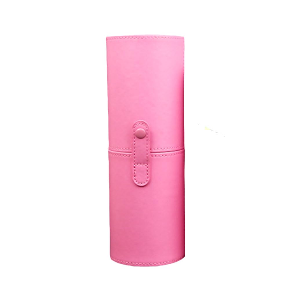 Makeup Brush Holder with Lid Portable PU Leather Make up Brush Case Organizer Cosmetic Cup Cylinder Makeup Travel Brush Brushes Storage Box Case Bag with Buckle Design for Travel or Home (Pink)