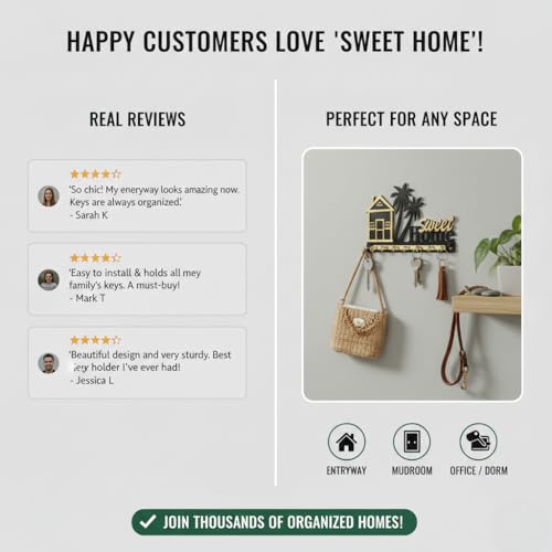 Image of Wooden Key Holder for Wall | Sweet Home Decorative Wall Key Organizer with 7 Stainless Steel Hooks | Premium Home Decor Key Stand for Entrance, Living Room & Office