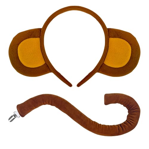 Amlisia Affen Kostüm Set, Affen Ohren Und Schwanz Affenkostüm mit Schwanz Stirnband Tierkostüm für Erwachsene Halloween Karneval Party