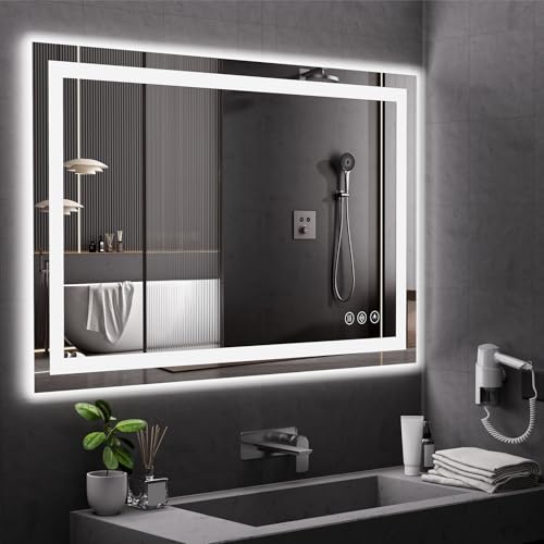 Image of Koonmi 36x55 LED Bathroom Mirror, Backlit + Front Lit, LED Bathroom Mirror with Lights for Wall, 3 Colors, Anti-Fog, Dimmable Brightness, Memory Function, Tempered Glass